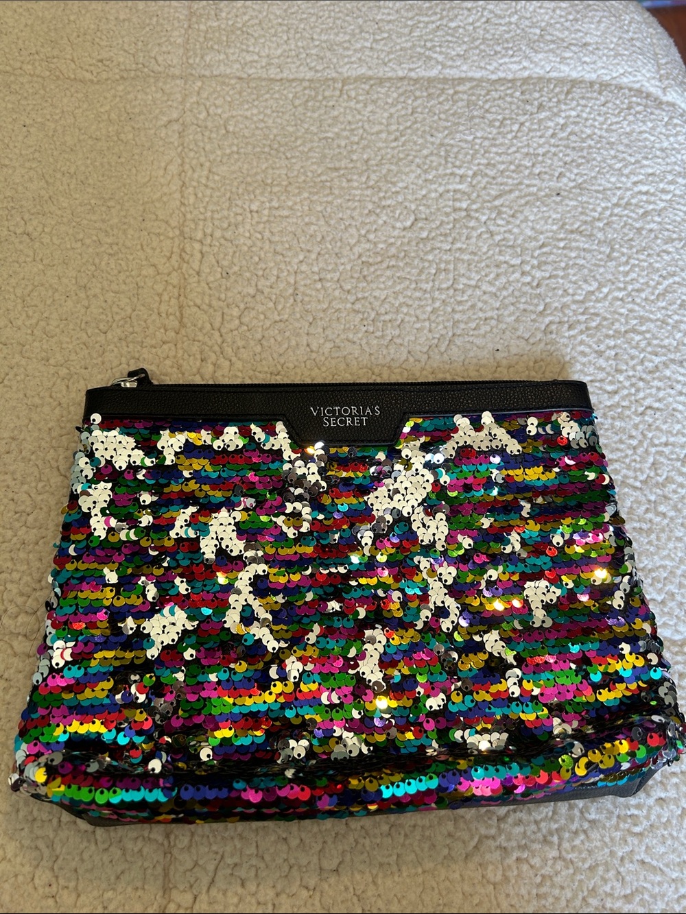 Victoria's Secret Multicolor Sequin Cosmetic Bag with Black Trim